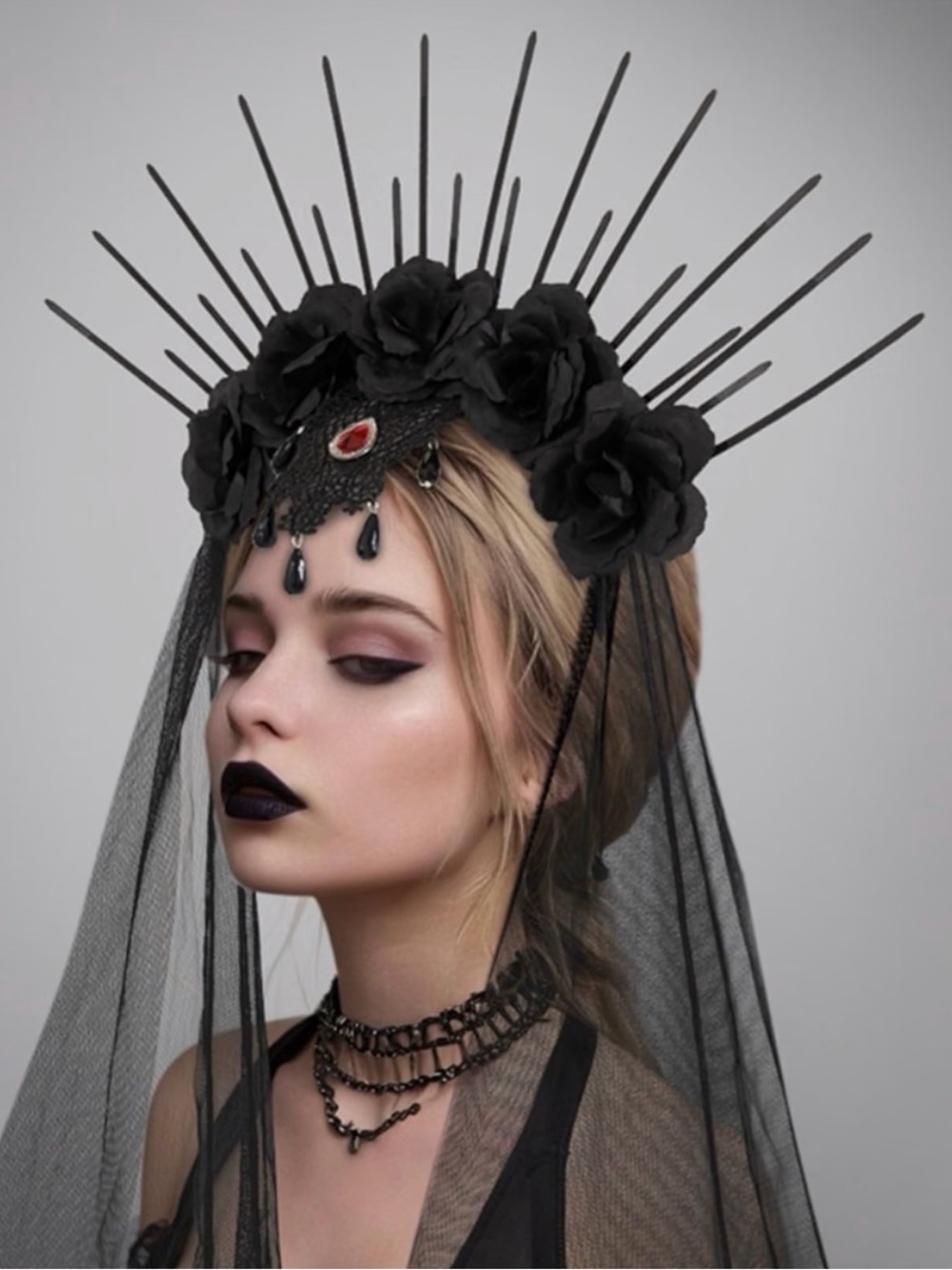 Adult Black Gothic Halo Headpiece with Veil